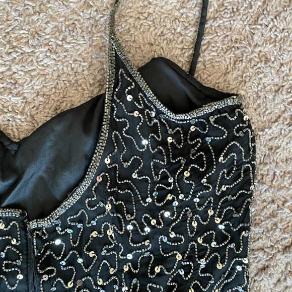 VINTAGE SCALA Black 100% Silk Beaded Sequin Maxi Gown Size Large - Picture 9 of 12